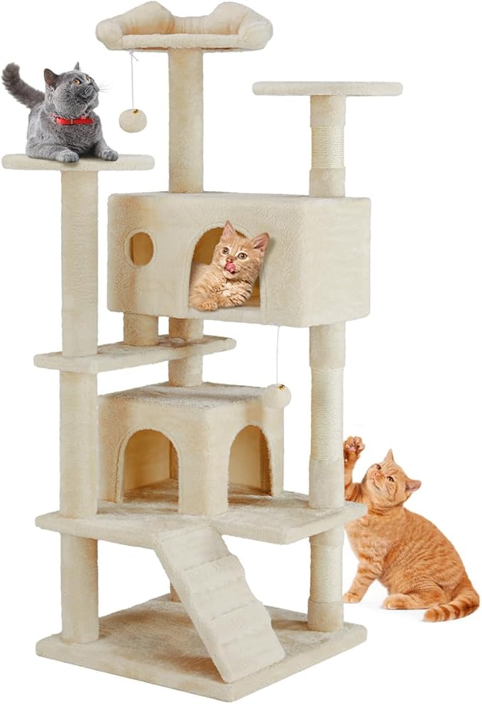 Cat Tree 54in Multi-Level Cat Tower with Sisal Scratching Post, Large Condo, Climbing Ladder for Kitten Indoor, Beige