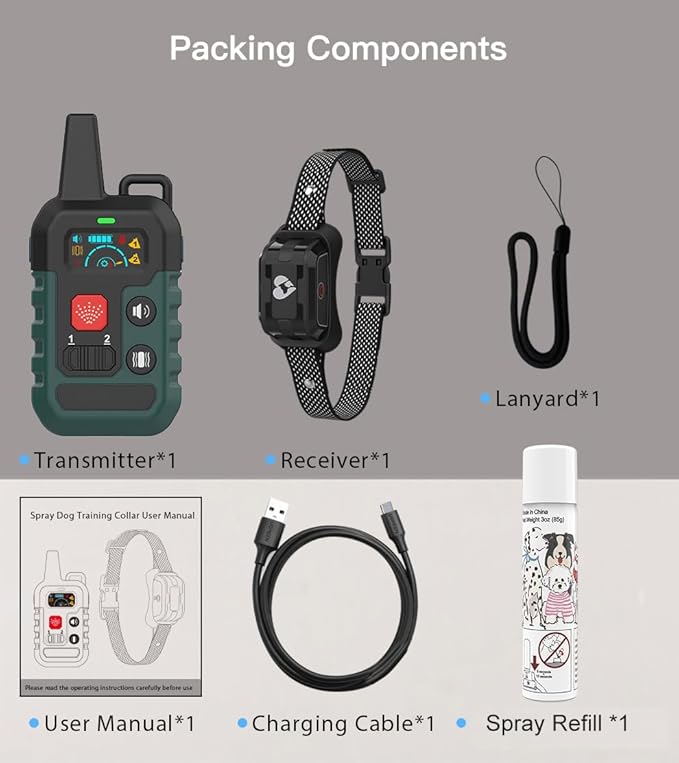 Citronella Dog Training Collar with Remote & 1* Spray Refill, 4 Modes Beep/Vibration/Spray/Spray Enhancement, Humane Safe Dog Bark Collar, Waterproof Spray Collar, Range 300M 【Only Work with Remote】