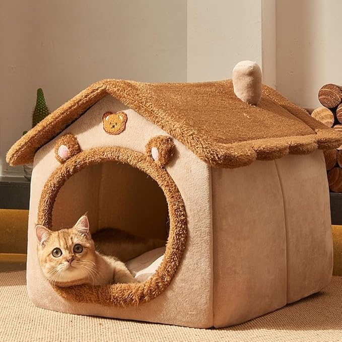 Cat Beds for Indoor Cats, Cute Bear Shape Cat Bed Cave, Pet House Cats Tent with Removable Cushion Pillow for Kittens Puppy Small Dogs (Brown, L-20.4 * 16.9 * 19.6in)