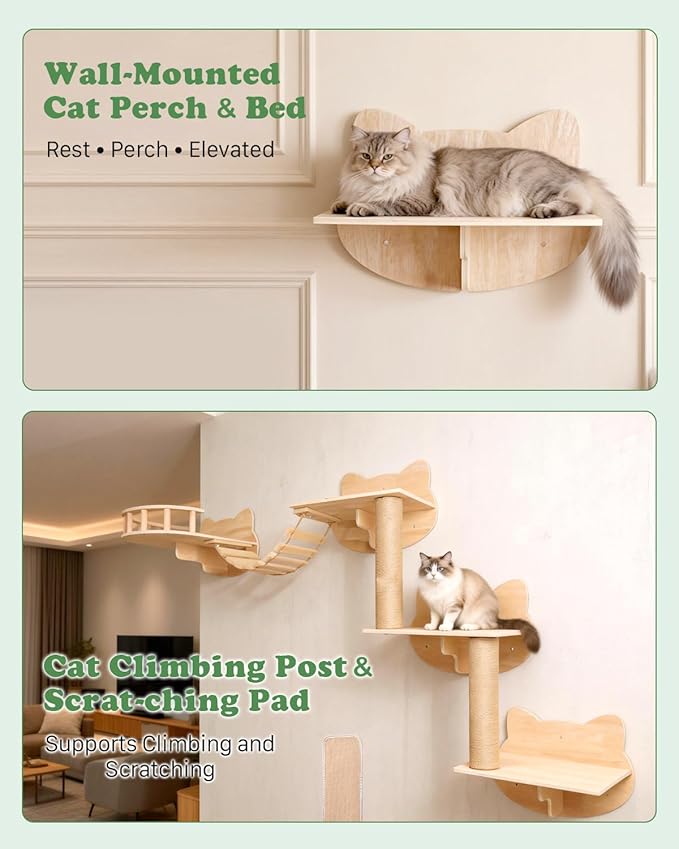 Cat Wall Shelves, 16 in 1 Cat Wall Furniture with Green Wall House, Bridge, Steps, Climbing Post & Scratching Pad Modular Wall Mounted Cat Playground for Large Spaces & Multi-Cat Homes