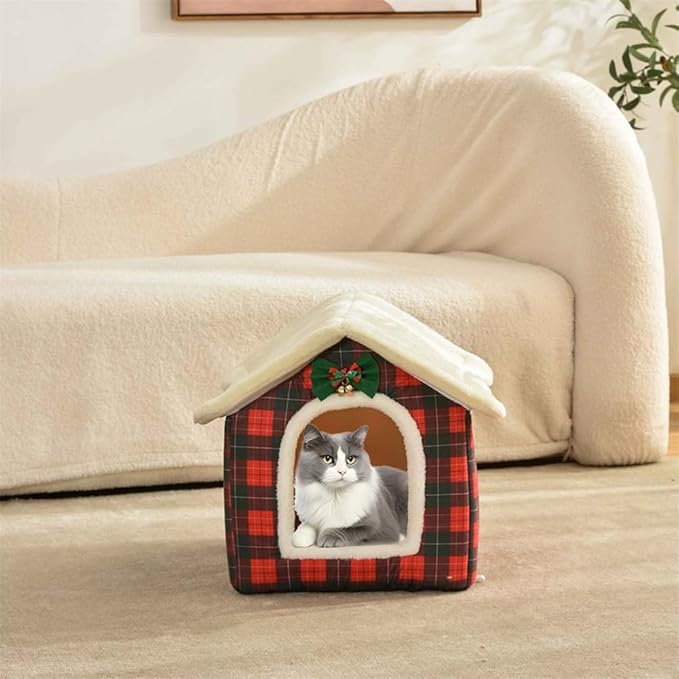Christmas Cat Bed for Indoor Cats Plaid Xmas Cat Tent Cats Bed Cave for Pets Kittens and Dogs (Christmas Plaid, L (20.5 X 17 X 19.7 Inch))