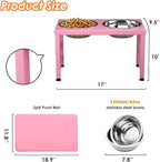 Pink Metal Raised Dog Bowl Stand for Large Dogs, Stronger Elevated Dogs Bowls with Sprill Proof Mat, Food & Water Bowl 10in Tall Feeder (42OZ-Stainless Steel Dog Bowls, Mat-12x19 in)
