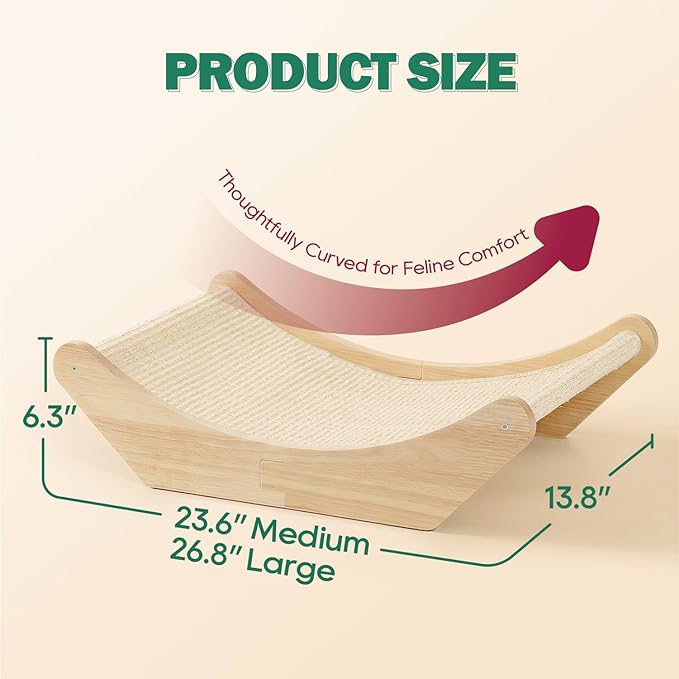 Zakkart Cat Sisal Scratching Bed Hammock, 2-in-1 Cat Scratcher & Lounging Bed, 100% Natural Sisal Mat, Solid Wood Frame, Cat Furniture Protector (Medium, Natural Color)