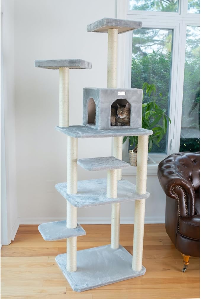 Cat Tree 74" - 7 Level Faux Fur Tower with Playhouse & Perches - Easy Assembly