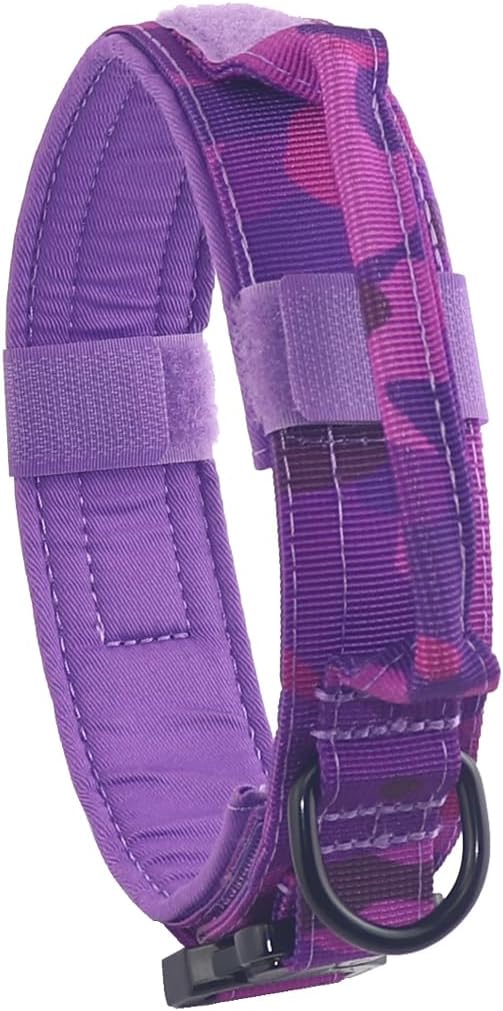 Tactical Dog Collar with Heavy Duty Metal Buckle and Control Handle for Medium Large Dogs Training(Purple Camo, Large)