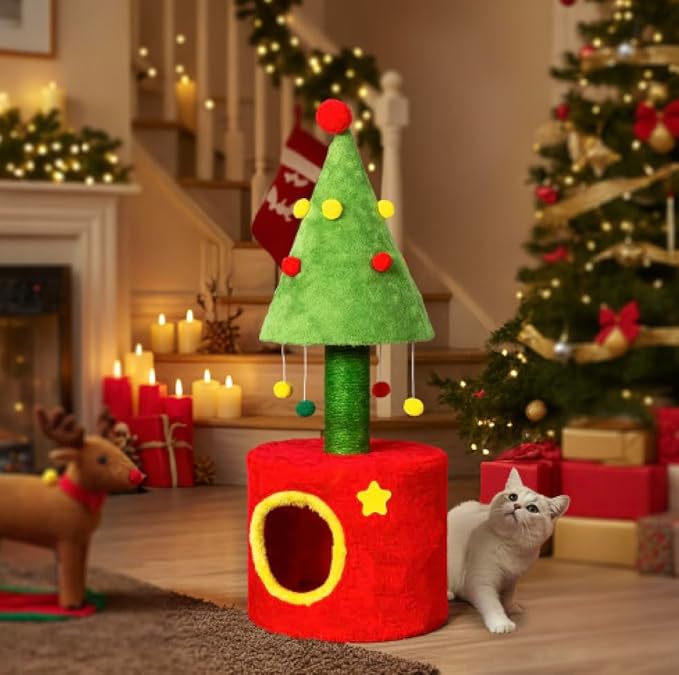 VINGLI 30IN Christmas Cat Scratching Post with Cat House, Small Cat Tree Tower for Indoor Kitten, Sisal Covered Post with Hanging Plush Balls, Red & Green Holiday Cat Furniture