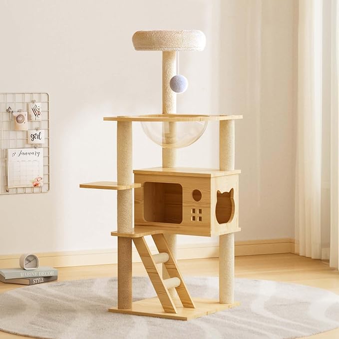 48.8” Wood Cat Tower with Sisal Scratching Post, Modern Cat Tree with Acrylic Bowl, Cat Condo, Climbing Ladder & Hanging Ball Toy, Multi-Level Cat Activity Center (48.8 inch)