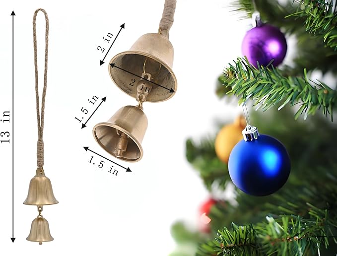 Rustic Brass Hanging Bells for Door Knob Decoration, 13"" Handmade Metal Lucky Home Garden Decor Bell on Rope