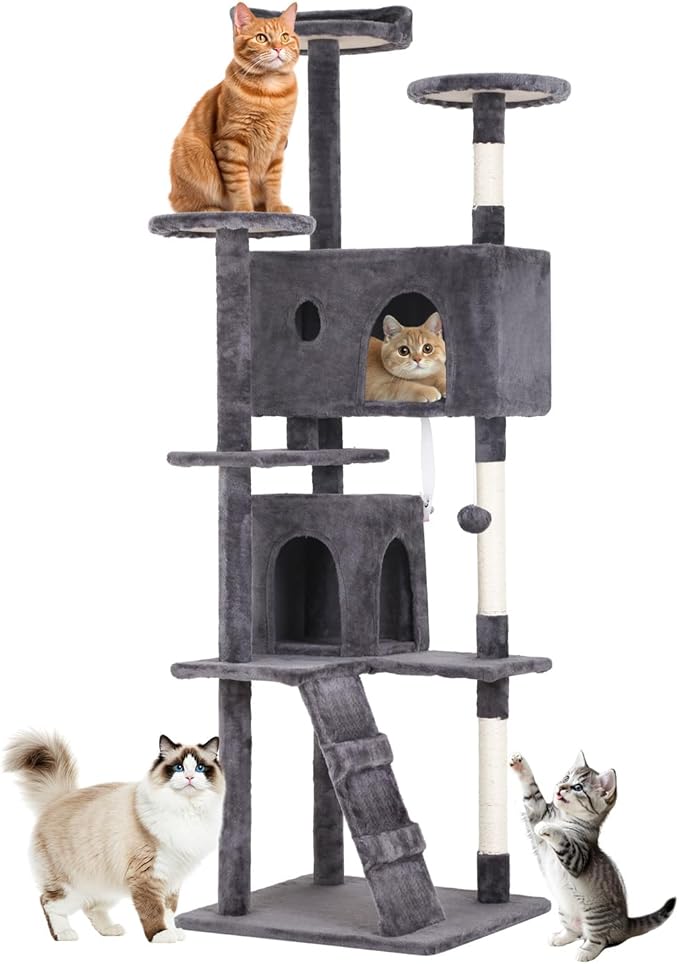 BestOffice 70 Inch Cat Tree, Multi-Level Cat Tower with Condo, Perches, Sisal Scratching Posts, Climbing Ladder,Indoor Activity Center Play House for Kittens & Adult Cats, Light Gray