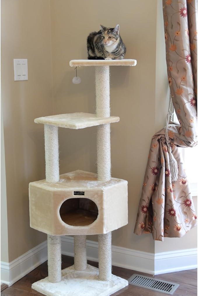 Cat Tree - Beige, 3-Level Condo -Faux Fur Cat Tower - Easy Assembly - Up to 20 lbs