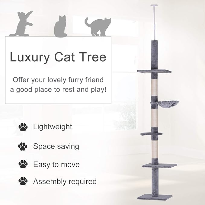 PawHut 102" Adjustable Height Floor to Ceiling Cat Tree, 5 Level Cat Tower with Scratching Posts, Hammock, Gray