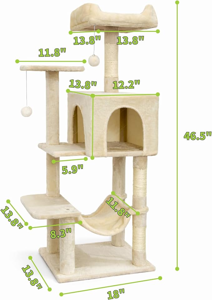 Pawly 46.5" Compact Space Saving Cat Tree for Small Apartment, Premium CARB P2-Compliant Particle Board, 350G Plush Sisal Cat Tower with Condo & Hammock for Indoor Kittens & 1-2 Cats, Beige