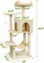Pawly 46.5" Compact Space Saving Cat Tree for Small Apartment, Premium CARB P2-Compliant Particle Board, 350G Plush Sisal Cat Tower with Condo & Hammock for Indoor Kittens & 1-2 Cats, Beige