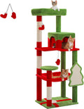 PETEPELA Christmas Cat Tree for Indoor Cats, 56.3'' Tall Multi-Level Cat Tower with Super Large Hammock (20''X16''), Sisal Covered Scratching Posts, Cozy Condo and Top Perch, Christmas Style