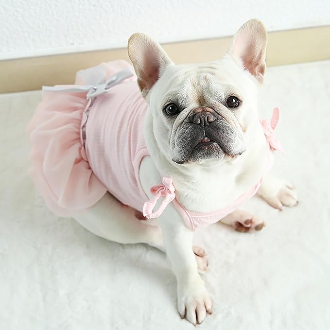Moorfowl French Bulldog Princess Pink Tutu Dress Summer Vest Gauze Skirt for Pug Corgi Doggie Party Tulle Dress with Bowknot Fashion Outfits (M(Back 12.59"-13.38",Chest 21.25"-22.83"))