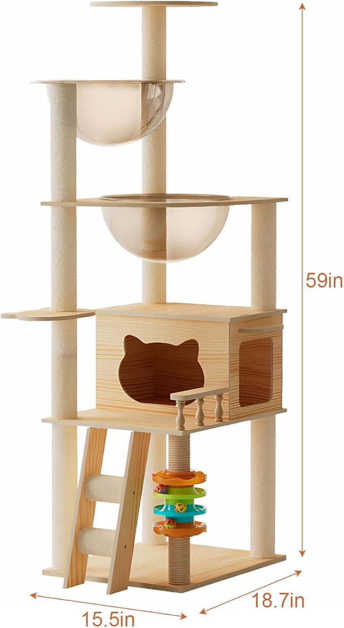 Modern Wood Cat Tower for Indoor Cats, Cat Tree with Sisal Scratching Posts, Top Perch, and Acrylic Hammock, Condo for Small and Large Cats (59")