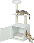 PawHut Cat Tree with Litter Box Enclosure, 2-in-1 Cat Tower with Bed, Climbing Platforms, Scratching Posts, Modern Pet Furniture for Indoor Kittens, White
