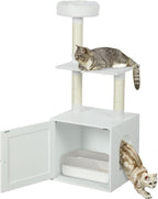 PawHut Cat Tree with Litter Box Enclosure, 2-in-1 Cat Tower with Bed, Climbing Platforms, Scratching Posts, Modern Pet Furniture for Indoor Kittens, White