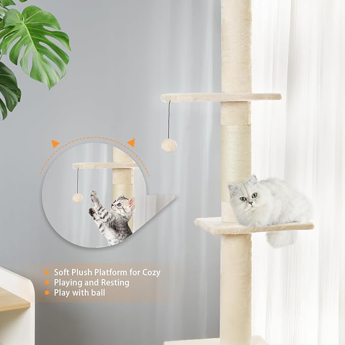 Floor to Ceiling Cat Tree, Cat Tower with Adjustable Height 98-110 Inches, 5 Tiers Tall Cat Tree Floor to Ceiling with Cozy Bed,Platforms, Sisal Scratching Posts for Cats Beige