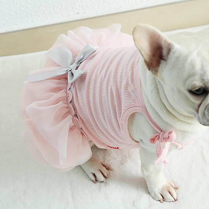 Moorfowl French Bulldog Princess Pink Tutu Dress Summer Vest Gauze Skirt for Pug Corgi Doggie Party Tulle Dress with Bowknot Fashion Outfits (S(Back 11.81"-12.59",Chest 19.68"-21.25"))