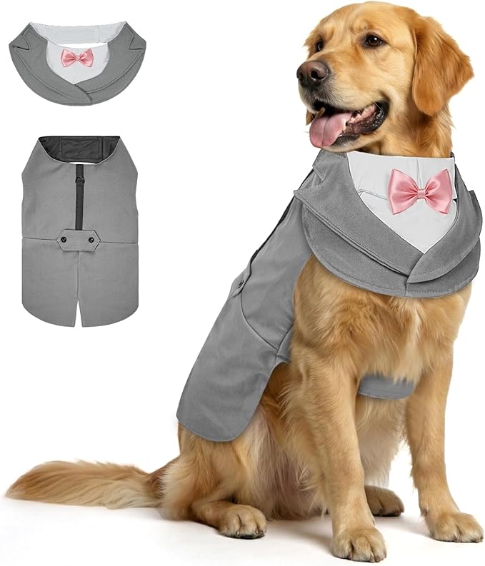 Supet Dog Tuxedo and Bandana Set with Bow Tie, Formal Outfit for Wedding Birthday Party Graduation Valentines, Pet Suit Clothes for Large Medium Small Dogs (Grey, L)