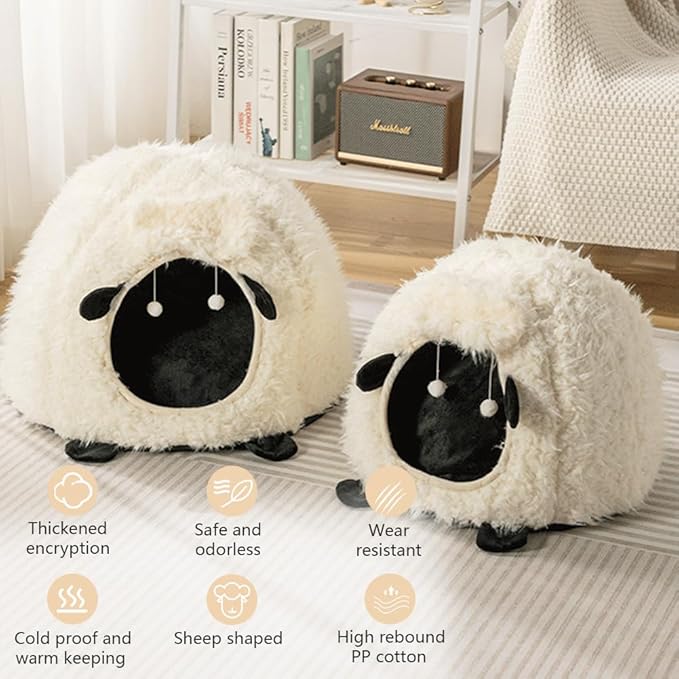 Lamb Shape Cat House Sheep Shape Cat Cave Bed Semi-Enclosed Cave-Style Warm Cat House Pet Nest for Cats Small Dogs