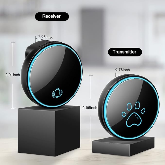 Comsmart Smart Wireless Dog Door Bell, Doggie Doorbell for Pet Potty Training Communication Go Outside Press Button with 38 Melodies 4 Volume Levels LED Flash (1 Receiver & 1 Transmitter), Black