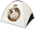 Waterproof Cat House with Removable Cushion for All Seasons, Portable Pyramid Cat Cave Bed for Cats & Small Dogs, No Assembly Folding Pet Tent,15.7x15.7x13.8, White