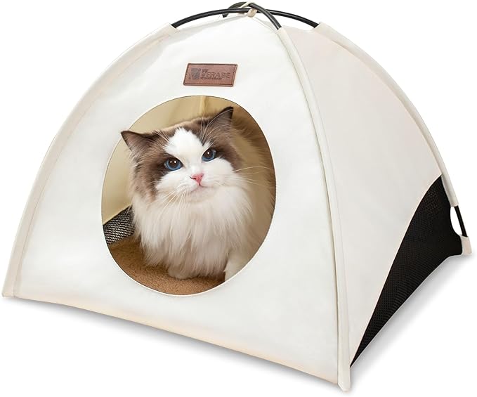 Waterproof Cat House with Removable Cushion for All Seasons, Portable Pyramid Cat Cave Bed for Cats & Small Dogs, No Assembly Folding Pet Tent,15.7x15.7x13.8, White
