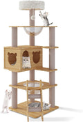 CCF 59in Wood Cat Tree for Indoor Cats,Multi-Level Modern Cat Tower with Large Cat Condo,Scratching Post,Acrylic Dome and Funny Toys for Small Large Cats,Natural Color