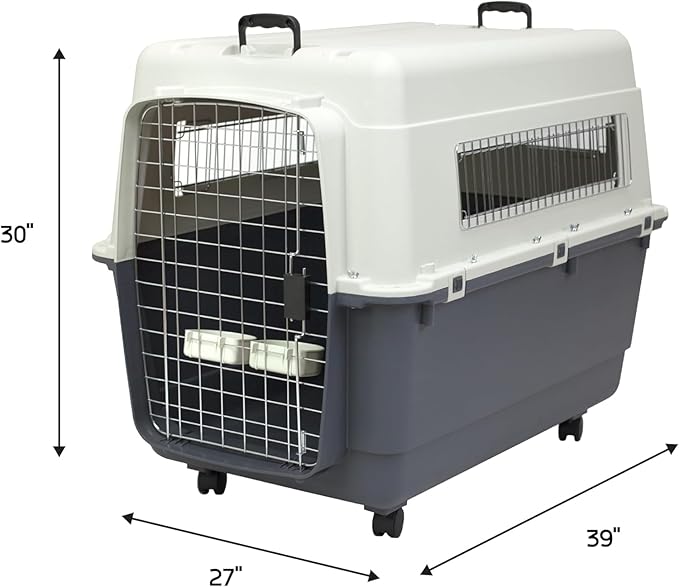 SportPet Airline Compliant XX-LARGE 36" Travel Dog Kennel-Durable Plastic Airline Pet Carrier w/ Removable Wheels & Food Bowls, Collapsible Indoor/Outdoor Dog Kennel, Dogs up to 36"L & 27"H-Cream/Gray