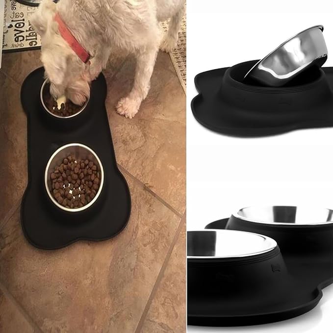 Pet Deluxe Dog Bowls Stainless Steel Dog Food Water Bowl Set with Stand, Feeding Bowls No Spill Non-Skid Silicone Mat, Dog Dishes for Small Medium Large Size Dog Puppy Pet Food Bowls, Black, 4 Cup