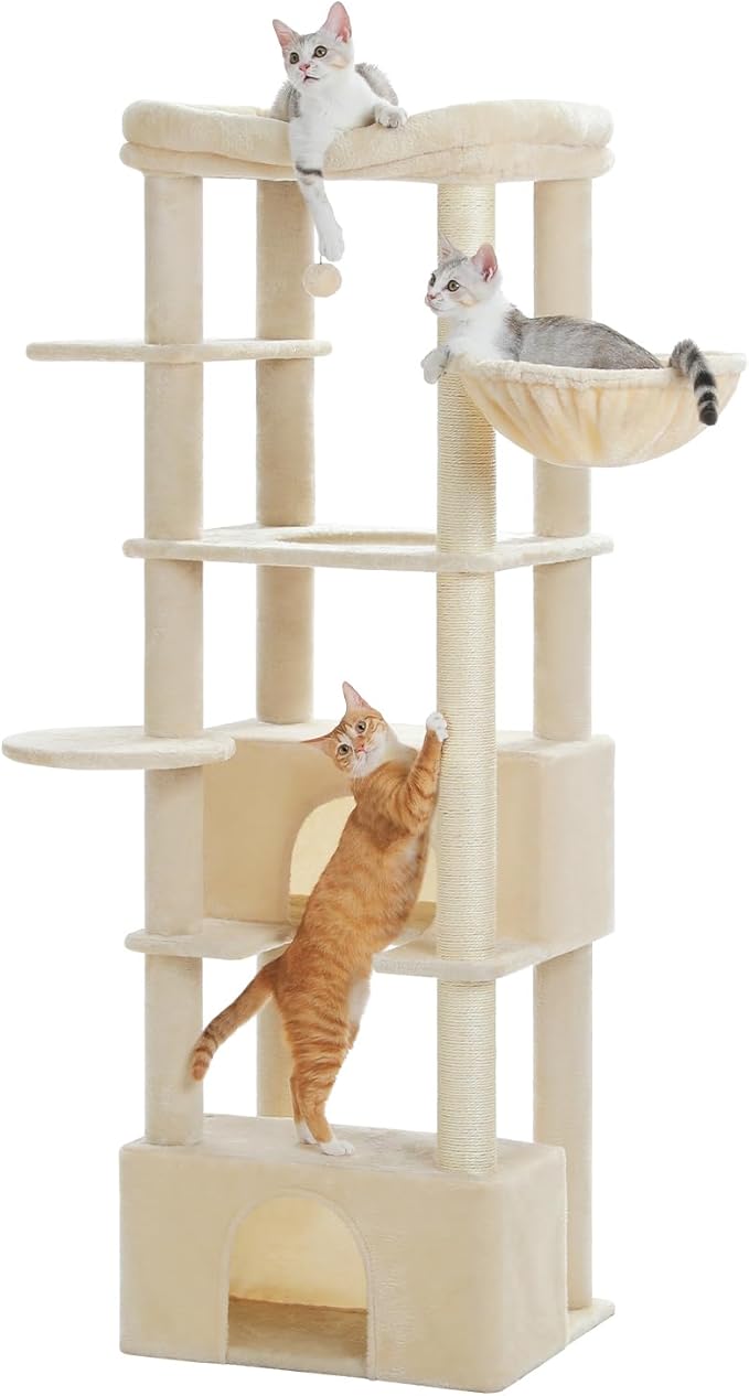 PEQULTI 68'' Cat Tree for Large Cats 20 lbs Heavy Duty, Tall Cat Tower for Indoor Big Cats with Extra-Large Top Perch [21'' x 17''], 2 Large Cat Condos, Cat Scratching Post and Cozy Hammock, Beige