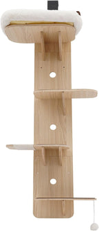 4-Tier Door Hanging Cat Tree, 4.92ft Wooden Vertical Cats Climbing Frame Door Mounted Kitty Climbing Frame with Plush Ball & Kitty Litter for Stair, Foyer, Living Room, Enclosed Balcony