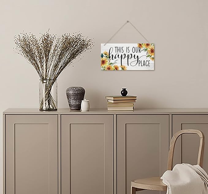 Sunflower Theme Wood Decor Sign, This Is Our Happy Place, Hanging Printed Wooden Plaque Decor, Rustic Home Décor Sign, Entryway Wall Decor, Hanging Plaques for Foyer Farmhouse Hostel Sign 12x6 inch