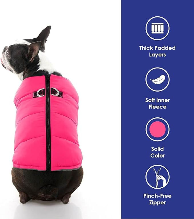 Gooby Padded Vest Dog Jacket - Solid Pink, Medium - Warm Zip Up Vest Fleece Jacket with Dual D Ring Leash Water Resistant for Small to Medium Dogs