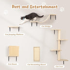 Wall Mounted Cat Furniture Set of 5 With Tree, Perch, Scratcher, Bridge and Condo, Gray (Beige)