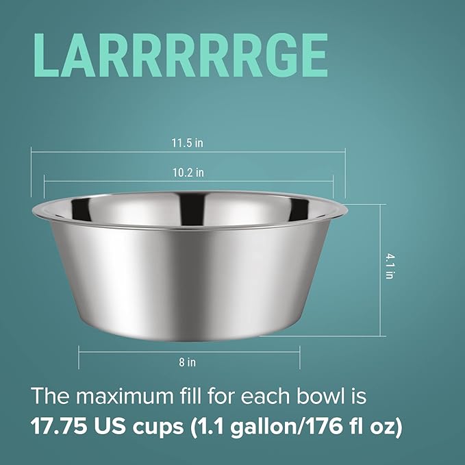 URBUDDIES 1.1 Gallon Extra Large Dog Bowls, 2 Pack, XL Stainless Steel Dog Water Bowls for XLarge Dogs, Polished, Dishwasher Safe, Easy to Clean
