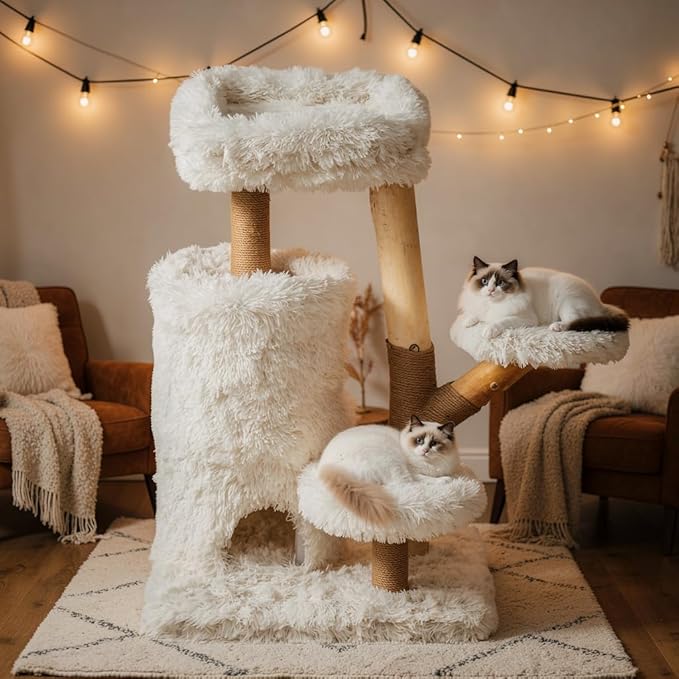 35" Multi-Level Cat Tree with Durable Sisal-Wrapped Posts, Dual Enclosed Condos, Cushioned Perches, and Removable Plush Cover,White