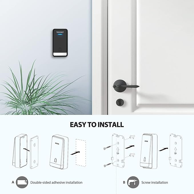TECKNET Wireless Doorbell, Plug-through Door Bell, IP66 Waterproof Doorbells, 1300ft Cordless Rang Door Bell Ringer Wireless, 60 Ringtones & 5 Level Volume, 0-110 dB Doorbell Chime for Home/Classroom