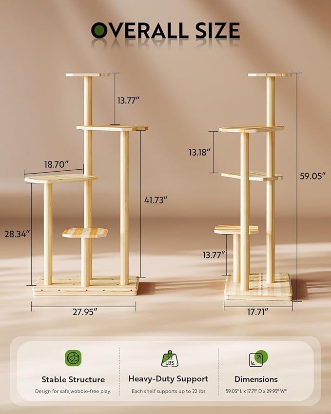 60" Tall Outdoor Cat Tree, Cat Tower Weatherproof for Patio, Garden, Balcony, Durable 4-Tier Natural Wood w/Scratching Posts for Multiple Cats,Outside&Indoor Adult Cats and Kittens Play, Climbing