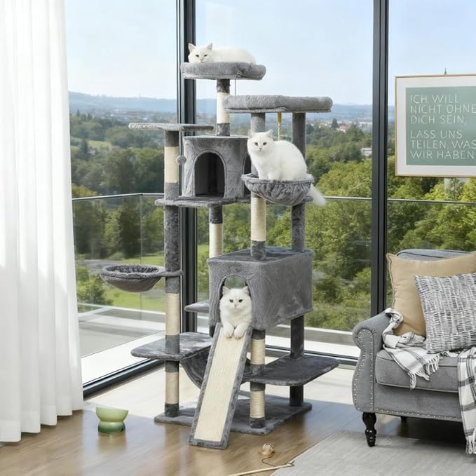 68" Tall Cat Tree Multi-Level Cat Tower for Indoor Cats with Cat Condo, Hanging Basket, Sisal Scratching Posts, Plush Balls and Hammock for Small Large Cats (Dark Gray)
