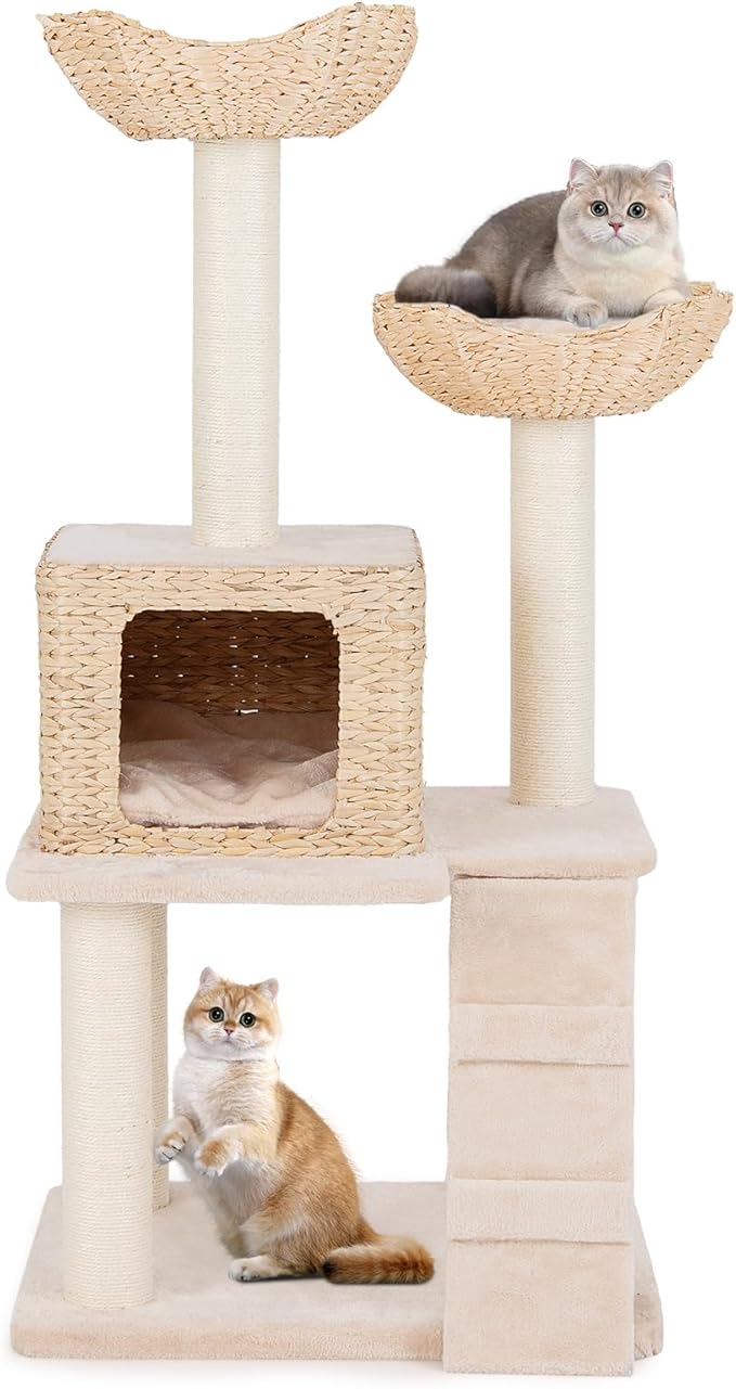 PETSITE 48 inch Cattail Cat Tree, Multi-Level Cat Tower with Sisal Scratching Posts, Cat Condo, Basket Beds, Climbing Ladder, and Soft Washable Cushions, Modern Cat Tree for Indoor Cats