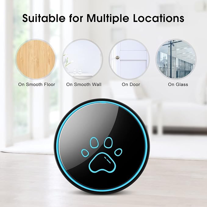 Comsmart Smart Wireless Dog Door Bell, Doggie Doorbell for Pet Potty Training Communication Go Outside Press Button with 38 Melodies 4 Volume Levels LED Flash (1 Receiver & 1 Transmitter), Black