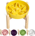 LE TAUCI Ceramic Slow Feeder Dog Bowls Elevated, 0.6 Cups Raised Dog Bowl with Wooden Stand for Small Breed, Pet Dishes to Slow Down Eating, Puzzle Cat Food Bowl, Star Yellow