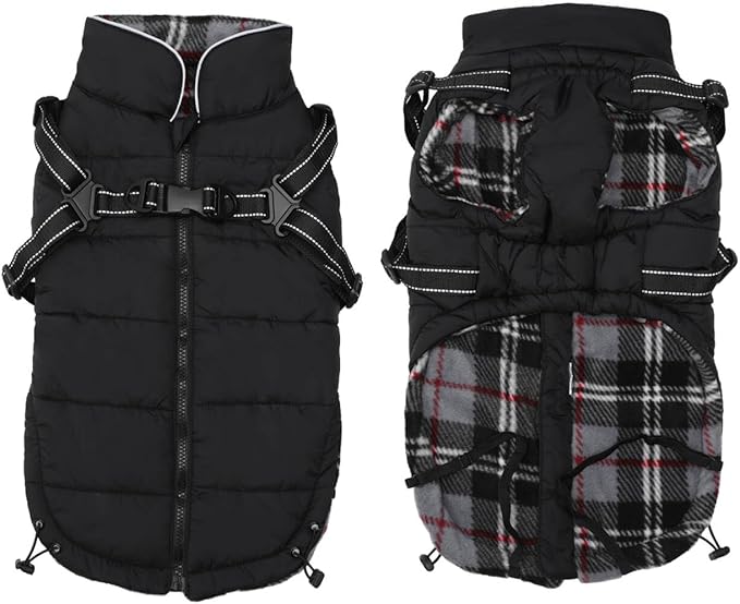 Geyecete Winter Warm Coat Waterproof Dog Jacket with Harness Traction Belt, Pet Outdoor Jacket - Black, XXL