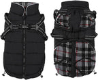 Geyecete Winter Warm Coat Waterproof Dog Jacket with Harness Traction Belt, Pet Outdoor Jacket - Black, XXL