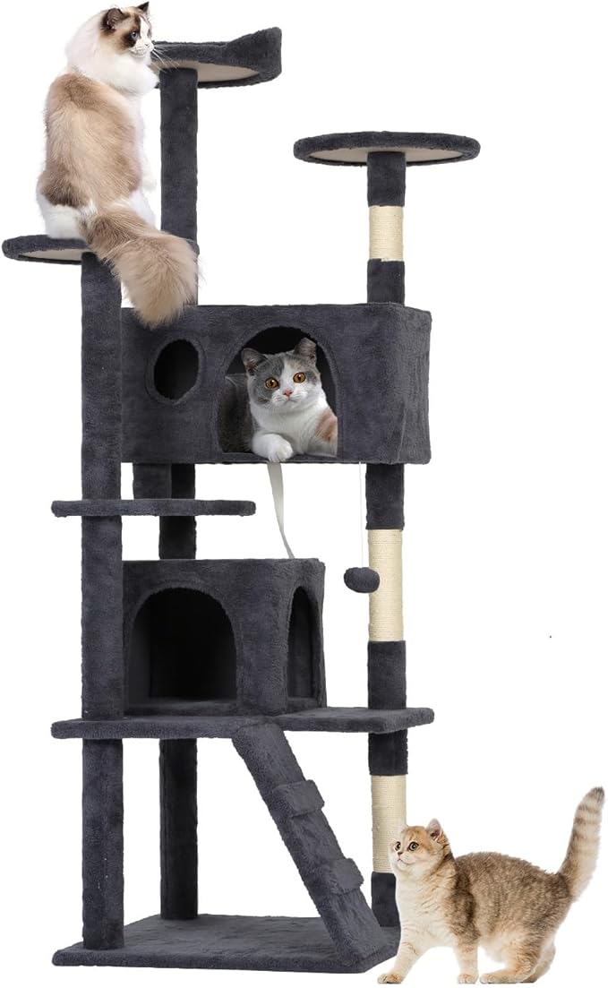 BestOffice 62 Inch Cat Tree, Multi-Level Cat Tower with Condo, Perches, Sisal Scratching Posts, Climbing Ladder,Indoor Activity Center Play House for Kittens & Adult Cats, Dark Gray