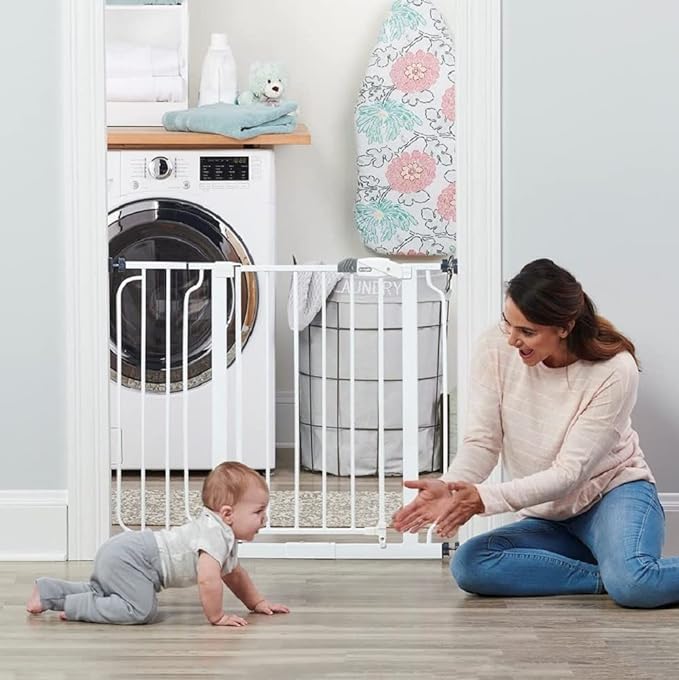 Regalo Safety 29-38.5" Baby Gate for Doorways & Bottom of Stairs, Pressure Mounted Baby Gate with Door for Babies, Toddlers & Pets, Tested & Safe for 30 Years, American Designed, American Owned, White