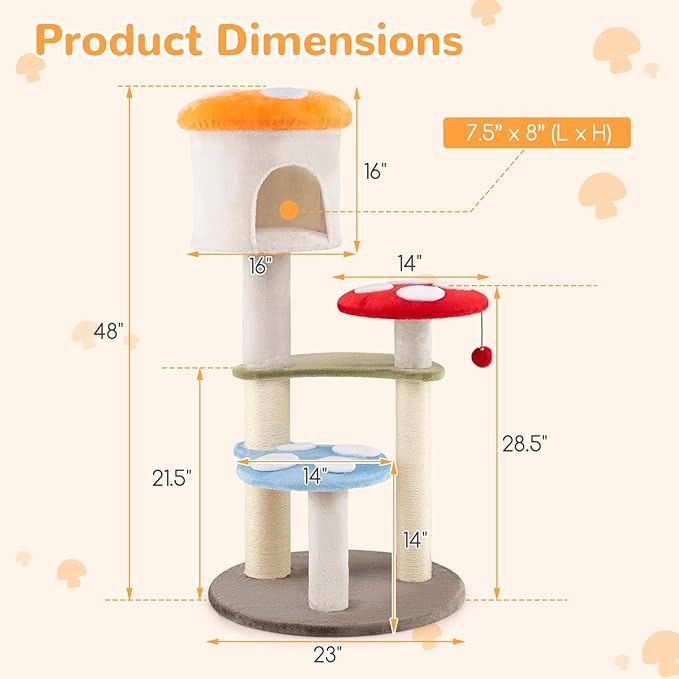 Tangkula Mushroom Cat Tree, 48 Inch Cute Cat Tower with Sisal Scratching Posts, Top Condo, Padded Platforms, Dangling Ball, Multi-Level Modern Cat Furniture, Activity Center for Indoor Cats